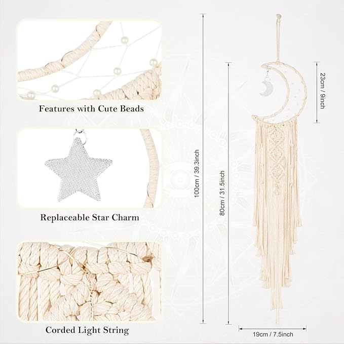 Boho Macrame Woven Wall Hanging, Crochet Crescent Moon Star Dream Catcher with Long Tassel- White Cotton Handmade Bohemian Home Decor Decoration Art Craft for Kids Bedroom Dorm Room