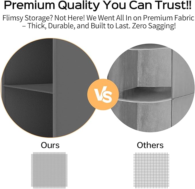 Grey 5-Tier Hanging Closet Storage Organizer - Space-Saving Dual-Row Foldable Shelves with 3 Hooks, Wardrobe Organizer for Dorm, Bedroom, Clothes and Accessories