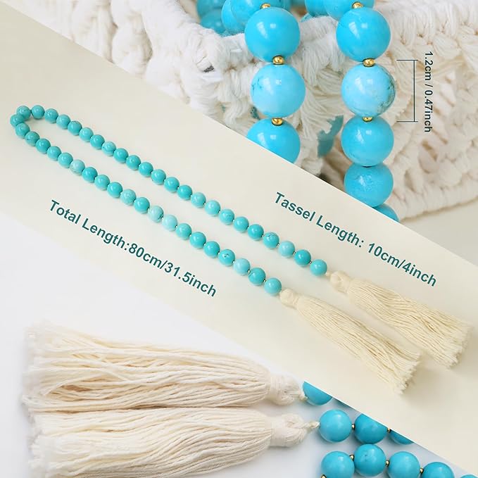 Gemstone Bead Garland with Tassel,31inch Farmhouse Rustic Country Table Decor Prayer Healing Beads Boho Wall Shelf Hanging Decoration (Turquoise Ball)
