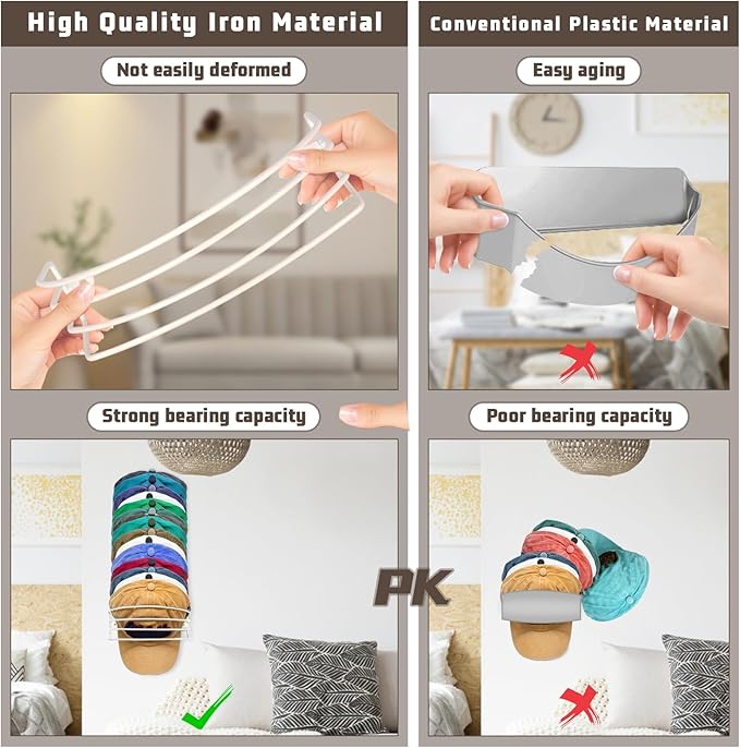 Hat Organizer for Baseball Caps, 2-Pack Beige White Metal Hat Rack for Wall Door, Adhesive/Wall Mounted Hat Storage Holder Small Closet Organizers and Storage Solution Ideas