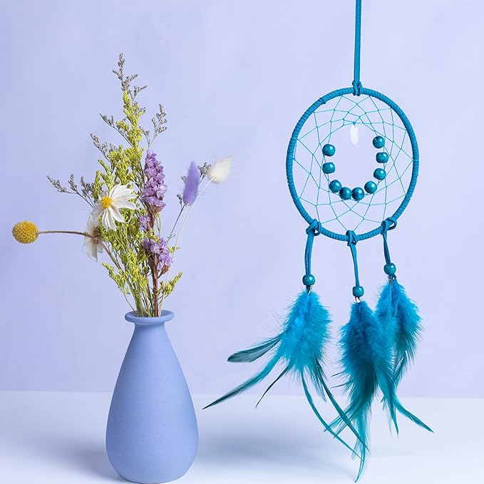 DIY Dream Catcher Beginner Kit, Making Dream Catcher Supplies Include Metal Hoop, Feathers, Faux Suede Cord, Thread, Wood Beads (Indigo)