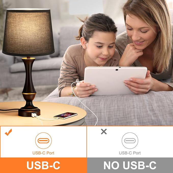 Seealle Upgraded Touch Lamps for Night Stands Set of 2 - Bedside Lamps with USB C+A, 3 Way Dimmable for Bedroom Living Room End Tables Office (Black)