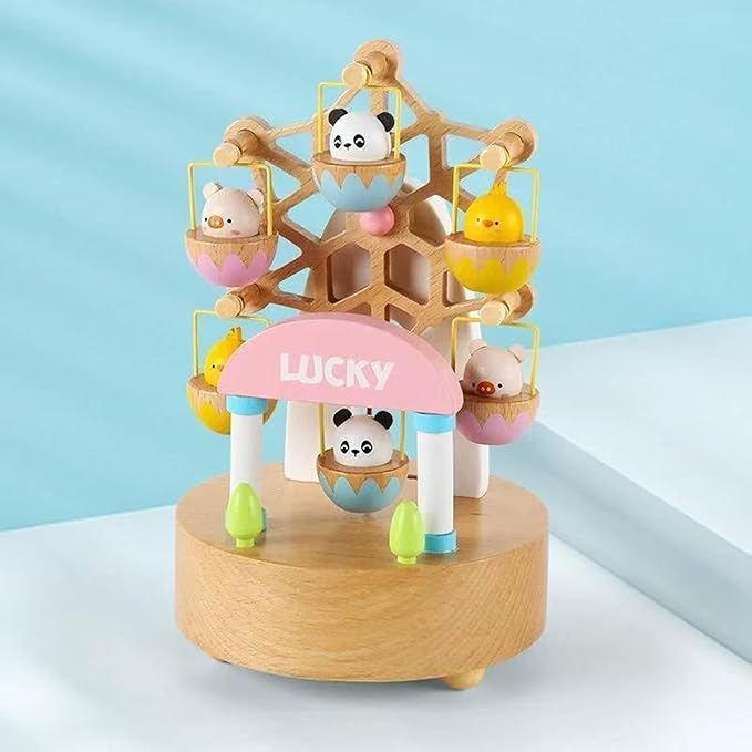 Natural Solid Wood Handcrafted Beech Wooden, Musical FigureTotoro/Carousel/Fairy/Ballerina Figurine,Rotating Hand Crank Mechanism Music Box,Musical Decorations (Colorful Skywheel)