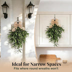 Artificial Olive Teardrop Swag Wreath for Front Door - 22 Inch Faux Greenery Wall Decor with Burlap Bow - Farmhouse Olive Branch Swag for Indoor Kitchen Entryway Wedding Arch