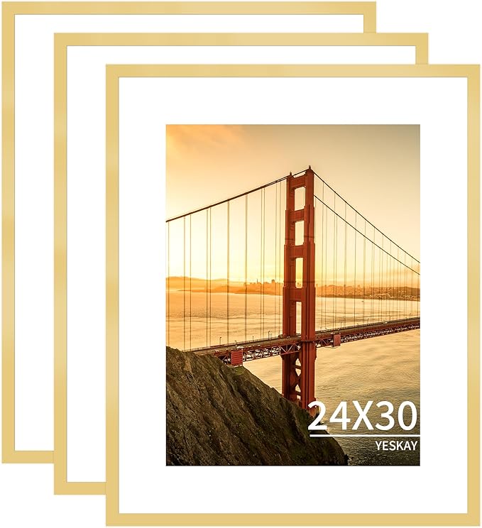 24x30 Picture Frame 3 Pack - Gold Poster Frame Display Pictures 18x24 with Mat or 24 x 30 Without Mat for Wall Hanging Horizontal and Vertical