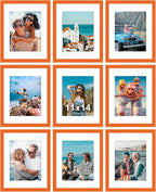 Vittanly 11x14 Picture Frames Set of 9, Shatter Resistant Plexiglass, Display 8x10 Pictures with Mat or 11x14 without Mat, Photo Frames for Wall or Tabletop, Engineered Wood, Orange