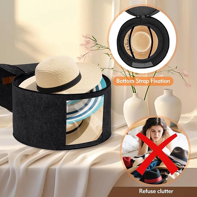 Round Hat Box, Stackable Felt Hat Boxes for Women Storage, Foldable Premium Hat Travel Case with Dustproof Lid, Space Saving Hat Organizer(Black)