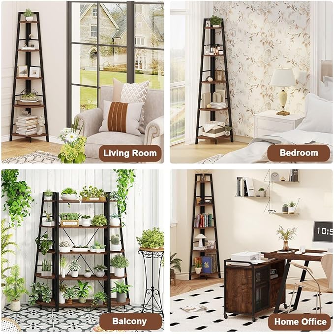 BON AUGURE 5-Tier Corner Ladder Shelf Stand, Black Metal Wood Corner Bookshelf, Narrow Tall Display Bookcase Shelving Unit for Living Room, Home Office, Small Space (Rustic Oak)