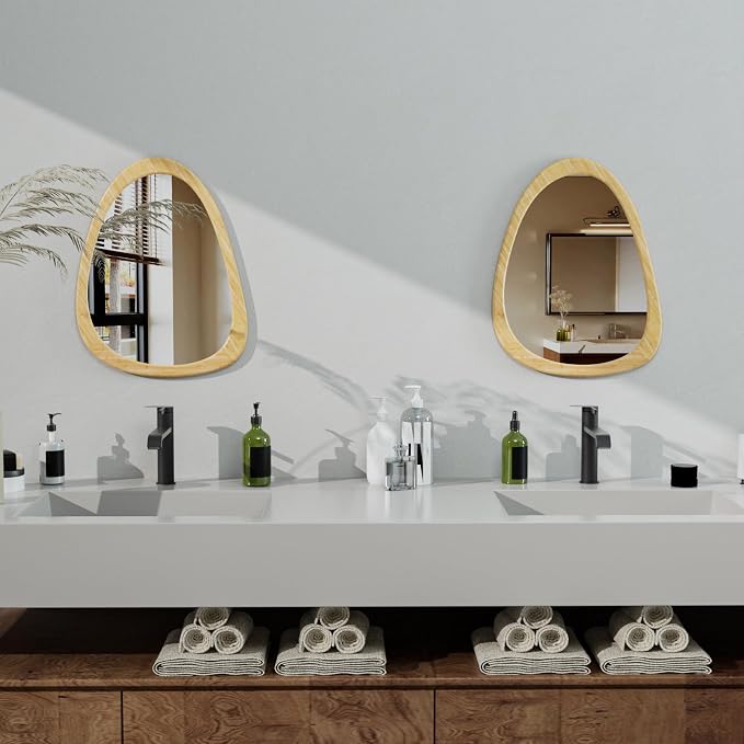 34" x 26" Irregular Wall Mirror, Natural Wooden Framed Asymmetrical Wall Mirror for Living Room Bedroom Bathroom Entryway, Modern Decorative Hanging Hook