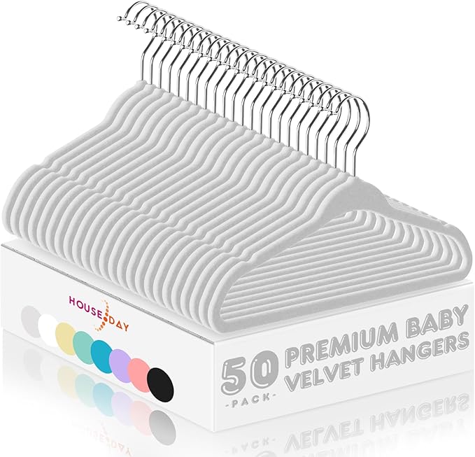 HOUSE DAY 11 Inch Velvet Baby Hangers 50 Pack Grey, Premium Kids Hangers for Children, Infant & Toddler Clothes, Durable Non Slip Small Baby Felt Hanger for Closet, Ideal for Everyday Use