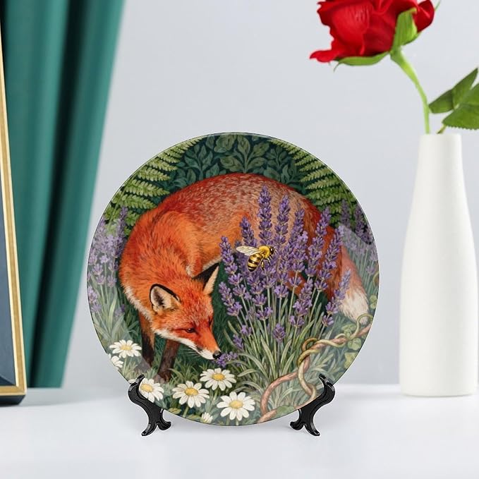 William Morris Lavender And Fox Ceramic Decorative Plate of 6", 7", 8", 10", Customize Christmas Design Porcelain Dessert Plate Set, Custom Gifts, Display Kitchen Decorations Wall, with Display Stand