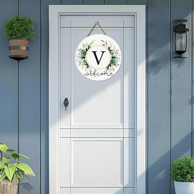 Monogram Letter V Wreaths for Front Door Wreath Wooden Welcome Sign for Front Door Decor Floral Family Last Name Initial House Warming Spring Summer Porch Rustic Wall Home Kitchen Boho Decorations