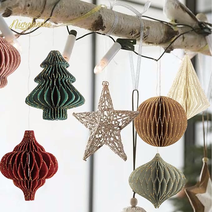 NICROLANDEE Christmas Party Decorations - 6 PCS 3D Mini Glitter Edge Paper Honeycomb Lantern Green, Red, Brown, Ivory, Gray Hanging Ornaments for Christmas Tree Décor, New Years Party, Home Decor