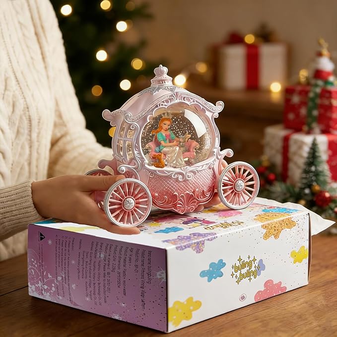 Christmas Pink Carriage Snow Globe with Music and Pricess - Christmas Snow Globes - Battery Or USB Cable Powered Operated (Pink Princess)
