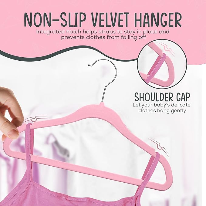 50 Premium Baby Velvet Hangers - 11.8 Inches Non-Slip & Ultra-Slim Baby Hangers for Space-Saving & Children Clothes - 360 Swivel Hook, Strong & Durable Infant & Toddler Clothes Hanger - Pink