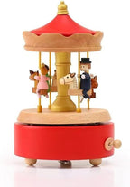 Natural Solid Wood Handcrafted Beech Wooden, Musical FigureTotoro/Carousel/Fairy/Ballerina Figurine,Rotating Hand Crank Mechanism Music Box,Musical Decorations (Red Merry-Go-Round)