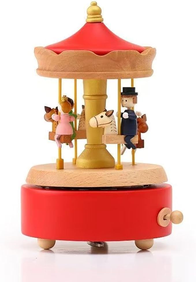 Natural Solid Wood Handcrafted Beech Wooden, Musical FigureTotoro/Carousel/Fairy/Ballerina Figurine,Rotating Hand Crank Mechanism Music Box,Musical Decorations (Red Merry-Go-Round)