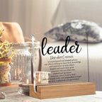 Oqtumes Leader Appreciation Gifts for Boss Mentor Manager Leadership Leader Definition Clear Desk Decorative Sign Acrylic Sign With Wooden Stand for Desk Table Shelf