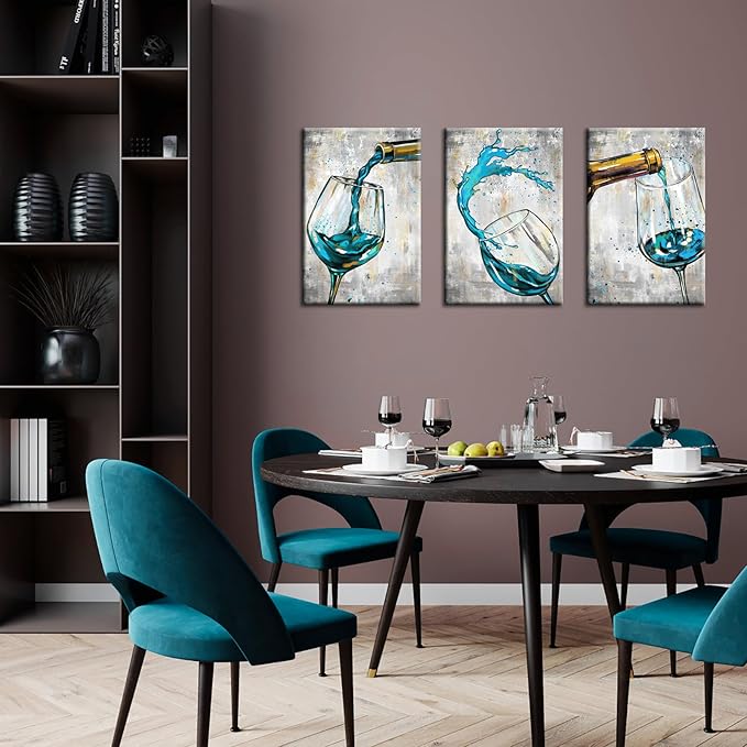 Conipit Teal Grey Wall Art Canvas For Kitchen Dining Room Wine Glass Pictures Artwork Still Life Paintings 16"x24"x3pcs Framed for Restaurant Ready to Hang