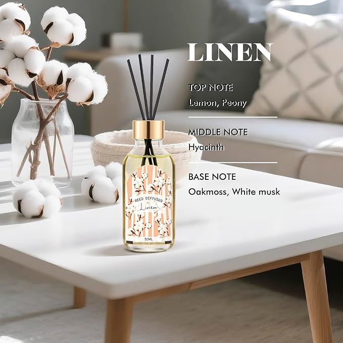 Reed Diffuser Set of 3 - Linen Lavender Jasmine Oil Diffuser with 15 Sticks, Reed Diffusers for Home Bathroom Shelf Air Freshener, 1.7 Fl. Oz Each, Total 5.1 Fl. Oz