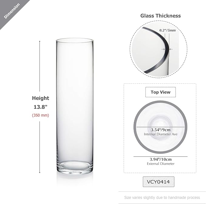 WGVI Quality Thick Weighted Tall Clear Cylinder Glass Vases, 4" W x 14" H, Flower Arrangement Floating Candle Holders Wedding Centerpieces Floral Container Home Decor, Bulk Wholesale, 6 Pcs