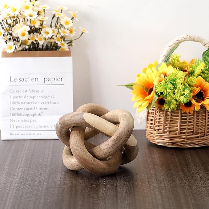 Yalikop 3 Link Wood Knot Decor Rustic Home Décor Accents Hand Carved Coffee Table Decoration, Boho Chain Link Decoration, Modern Shelf, Rustic Objects for Home Living Room Bedroom(Acacia Wood)