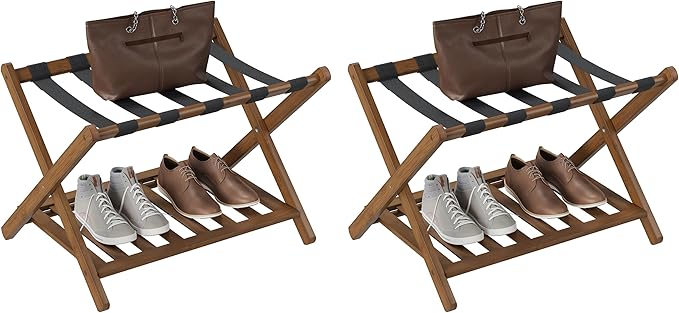 Smuxee Fully Assembled Black Walnut Luggage Racks Pack of 2, Upgraded Bamboo Foldable Suitcase Stand with 5 Nylon Straps, Luggage Holder with Shelf for Guest Room Bedroom Hotel