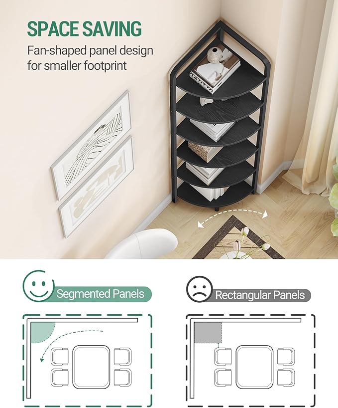 Hzuaneri Corner Shelf Stand, Corner Bookshelf, Plant Shelf, Corner Display Rack, Standing Shelf with Metal Frame for Living Room, Bathroom, Kitchen, Industrial Style, 6 Tier Black CS06604B