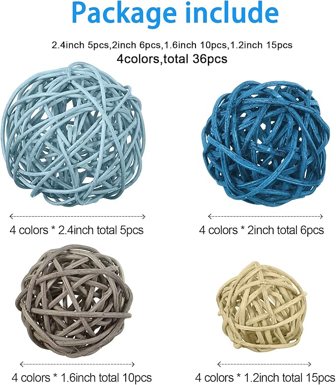 Patelai 36 Pcs Wicker Rattan Balls Decorative Balls for Vase Centerpiece Bowls Orbs Filler for Home Decor,4 Sizes(Cute Color,2.4'',2'',1.6'',1.2'')