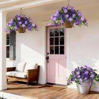 Homsunny Artficial Fake Hanging Flowers Plants with Baskets, 3PCS Silk Faux Outdoor Flowers UV Resistant Real Touch Plastic Flowers for Spring Garden and Home Patio Yard Decor (Double Purple)
