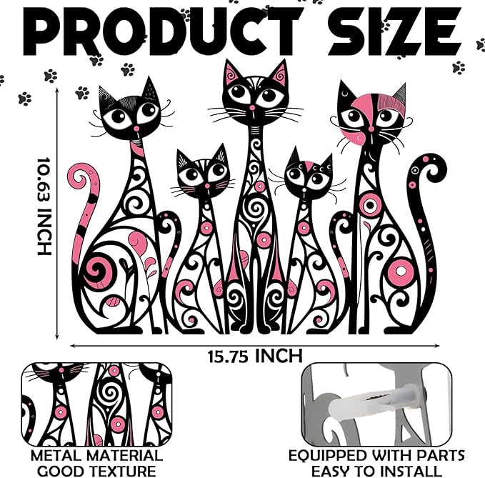 Wesiti Cat Wall Art Decor Iron Wall Sculptures Decor for Cats Lover 10.6 x 15.7 Inches Colorful Retro Mid Century Cat Signs for Home Living Room Bedroom Kitchen Office