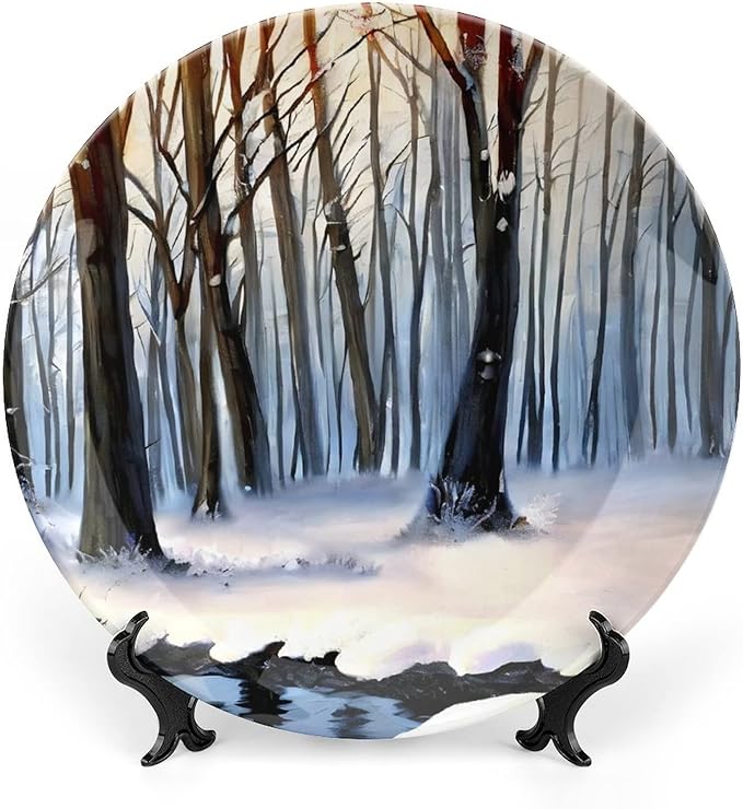 Decorative Plates for Wall Hanging, Winter Forest in Snow Painting Orange Ceramic Plate, Wobble-Plate with Display Stand, Home Decor for Kitchen Cabinets, Farmhouse Round Tray 7 Inch