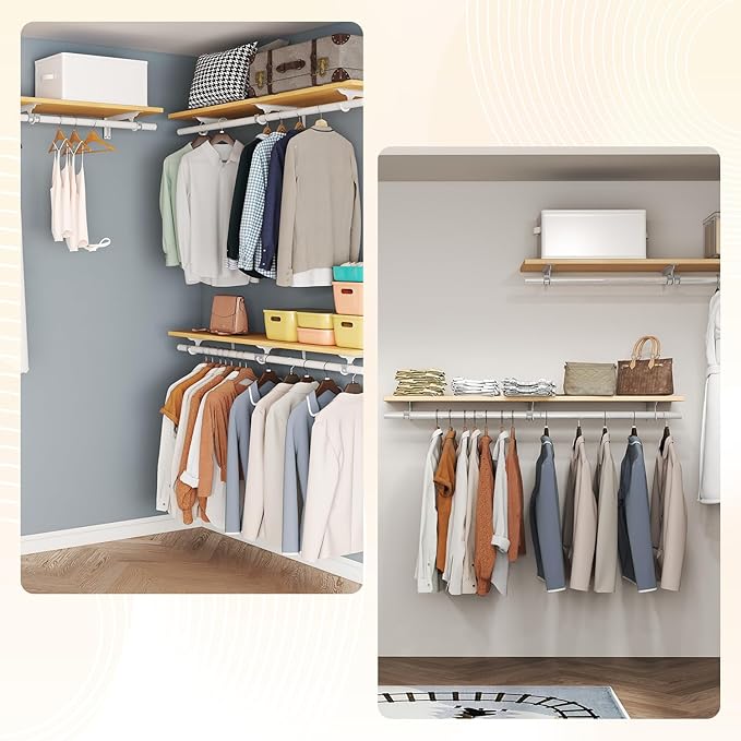 Wall Mounted Clothes Rack - Solid Wood Closet Storage System with Removable Shelves & Hanging Rods, 47.2in Space Saving Organizer for Bedroom, Walk-in Closet (1 Pack)