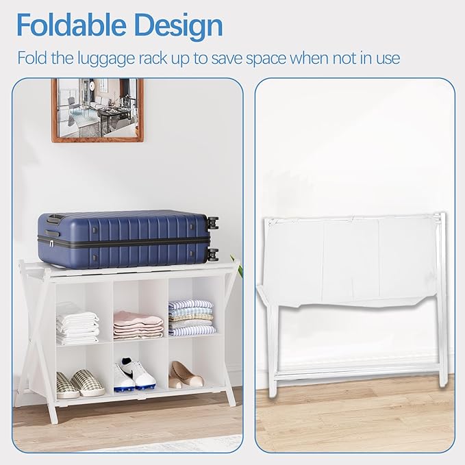 Luggage Rack for Guest Room, Folding Suitcase Stand with 6-Cube Fabric Storage Shelf, Luggage Holder, Steel Foldable Luggage Stand for Guest Room, Bedroom, Hotel, White