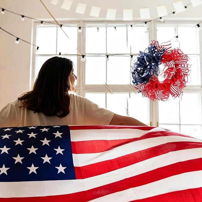 Patriotic Wreath for Front Door Red White Blue Wreath 4th of July Wreaths for Door Wall Memorial Day Decor Independence Day Hanging Decoration for Outside Home Farmhouse Holiday (Mesh)