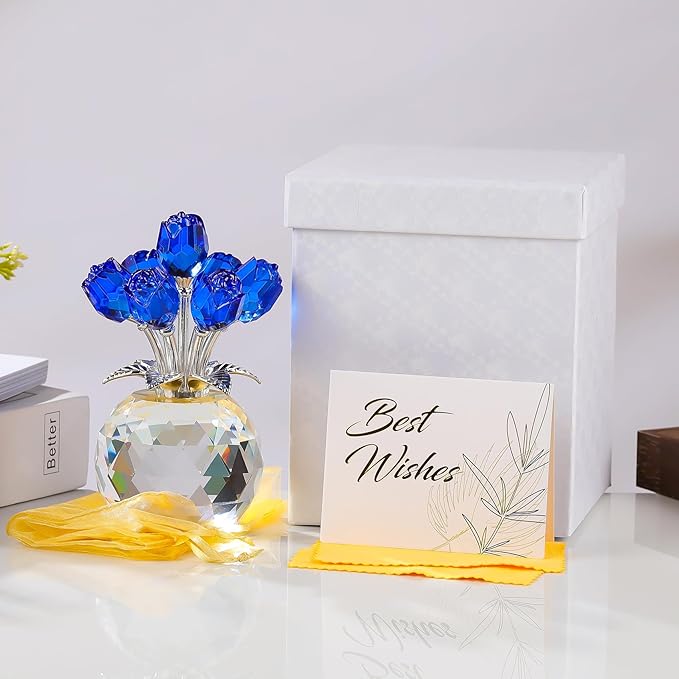 Arikyrist Crystal Blue Rose Bouquet Figurine with Round Vase, Glass Rose Flower Romantic Gifts for Women Sister on Birthday, Collectible Decoration Table Centerpiece for Home