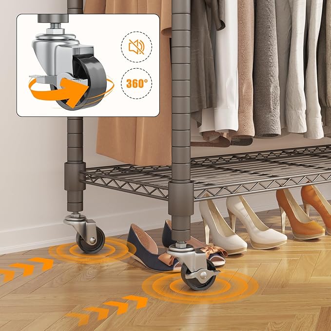 BATHWA Heavy Duty Garment Rack on Wheels, Rolling Clothes Racks for hanging clothes, Simple Sturdy Wardrobe Rack with Double Hanging Rods, 8 Side Hangers, Gray