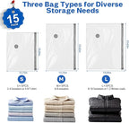Vacuum Seal Bags For Clothing Travel With Wireless Electric Pump，15 Combo Space Saver Vacuum Storage Bags In 3 Combo Sizes，Compression Travel Packing For Luggage,Ideal For Air Planes, Apartments