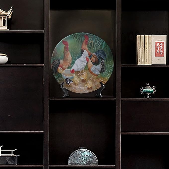 Rooster Decorative Plate Stand, 10 Inch, Rooster Hen Chicks Foraging Round Display Plate, Table Top Plate Decor with Stand, for Wall Hanging Living Room Bathroom Decor Gift