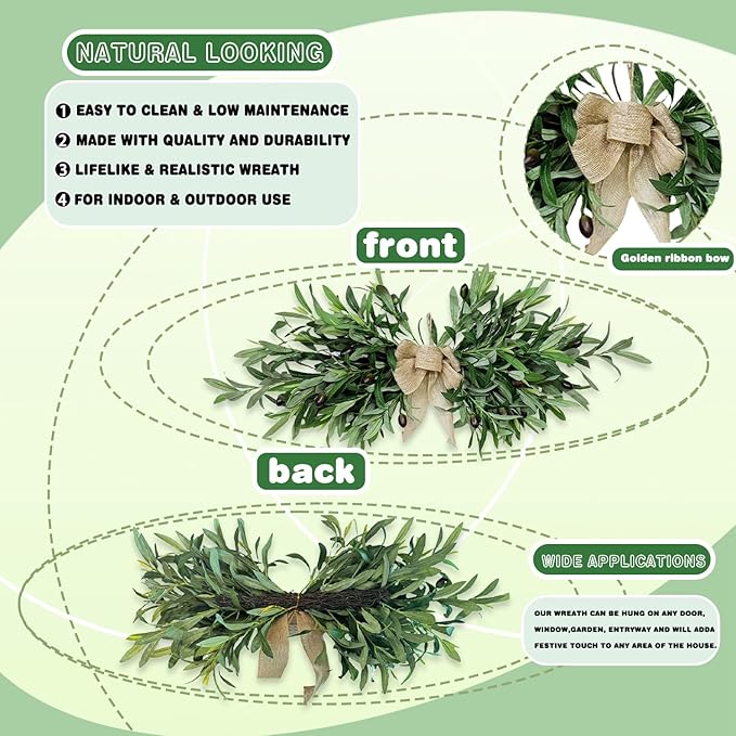 24" Floral Swag, Greenery Swag, Artificial Olive Flower Swag, Spring Floral Swag with Green Leaves Olive Fruit, for Wedding Arch Party Wall Home Garden Decor(1PCS)
