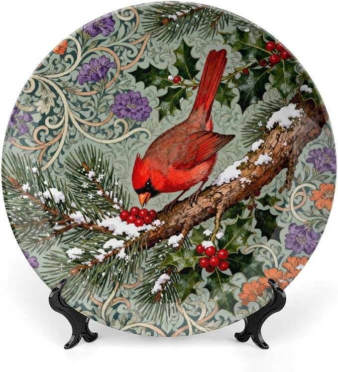 William Morris Forest Art Cardinals Winter Holly Plates Ceramic Decor for Art Decoration Home Table Custom Wedding Idea Gifts Hand Painted Wall Hanging Decor with 1 Display Stand, Multi Sizes