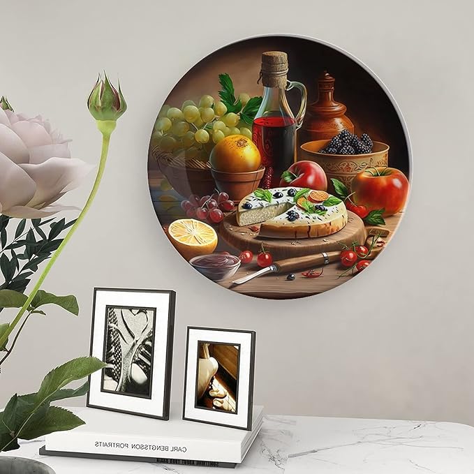 Decorative Plates, Wine, Fruit & Pizza Foods Painting Display Plate for Home Office Kitchen Table Decor Porcelain Plates 8 Inch, Birthday Gifts