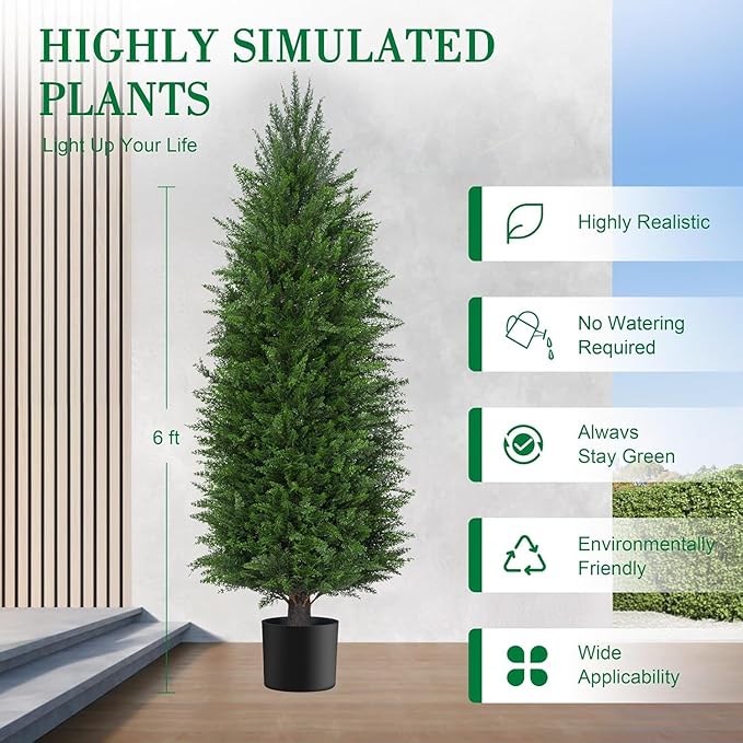 6FT Artificial Topiary Cedar Plants Outdoor, Faux Pine Trees UV Resistant and Potted, 72 Inch Tall Fake Shrubs Evergreen for Front Porch Decor Set of 2