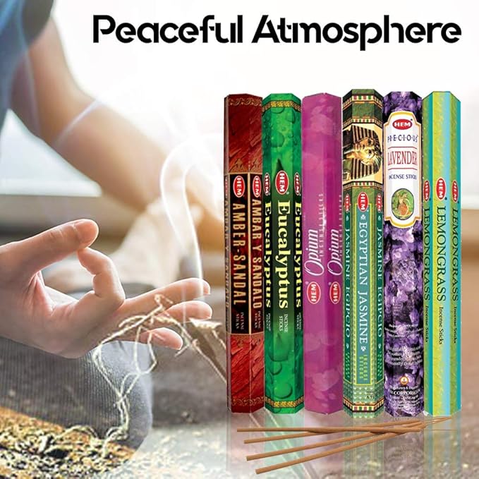 HEM assorted best sellers incense sticks pack of 6 - 120 Sticks, Fragrance - Lemongrass, Lavender, Egyptian Jasmine, Ambar Sandalo, Opium, Eucalyptus