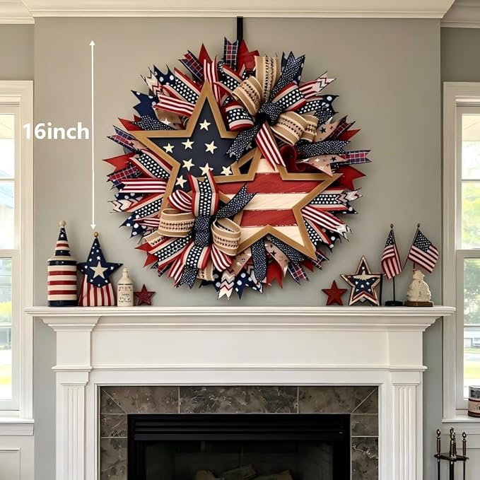 4th of July Decorations Outdoor Patriotic Wreaths for Front Door 250th Anniversary Decorations Red White and Blue American Flag Wreath (Patriotic Star)