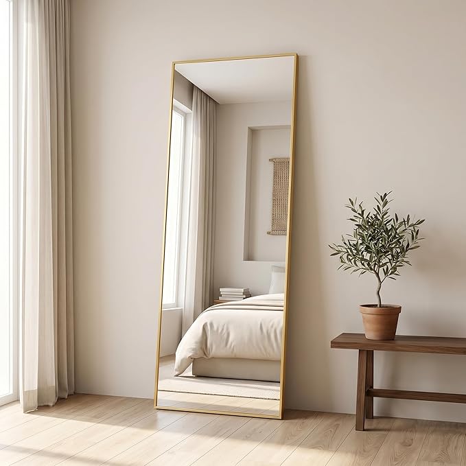 BEAUTYPEAK Full Length Mirror, 58"x14" Standing Hanging or Leaning Against Wall Floor Mirrors Body Dressing Wall-Mounted for Living Room, Bedroom with Aluminum Alloy Thin Frame, Gold