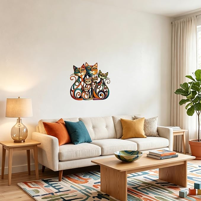 Wesiti Cat Wall Art Decor Iron Wall Sculptures Decor for Cats Lover 12.3 x 13 Inches Colorful Retro Mid Century Cat Signs for Home Living Room Bedroom Kitchen Office