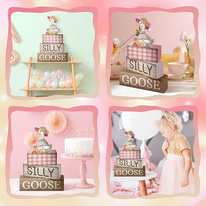Yuntau 4 Pcs One Silly Goose Birthday Party Decoration Wood Silly Goose Table Sign Pink Baby Shower Tiered Tray Decor Tabletop Centerpieces for First Birthday Baby Shower Home Shelf Office
