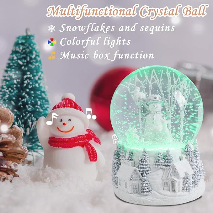 Christmas Snow Globe Musical Snowman Country Village Silver Xmas Tree White Water Snow Globes LED Light Change Music Box Home Christmas Decor for Kids Snowman Snow Globes