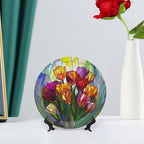 Stained Glass Theme Decorative Ceramic Plate Round Porcelain Plate,7 inch,Tulip Pattern,for Decorative Ornaments Giving Plates, 1 Plate with 1 Display Stand,Multicolor